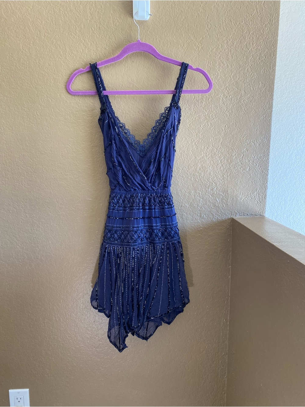 Free People Navy Beaded Lace-Trim Slip Dress
